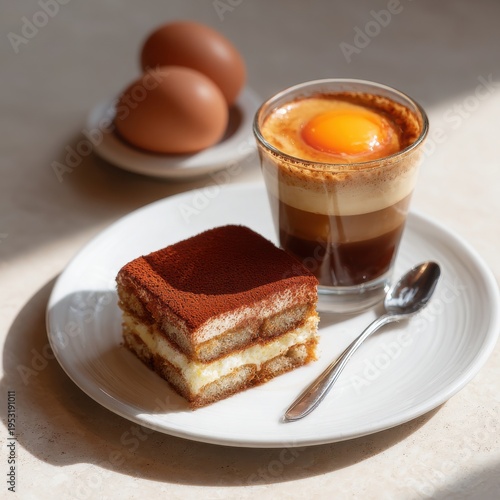 Indue in a rich Vietnamese egg coffee beside a slice of delicious tiramisu, as fresh eggs sit near this unique culinary delight on a bright morning table.