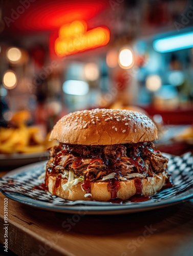 A delicious American-style BBQ pulled pork sandwich, generously sauced and served on a sesame seed bun, rests appetizingly on a checkered plate in a vibrant setting.