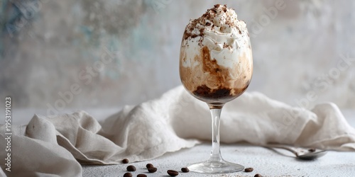 A delicious affogato with hazelnut gelato is served in a stylish glass on a minimalist background with coffee beans scattered nearby adding subtle detail.