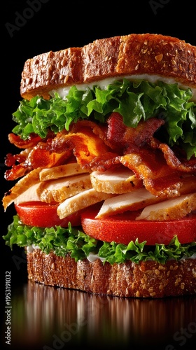 An artistic macro shot focuses on a delicious turkey club sandwich with bacon, lettuce, and tomato, showcasing layers of textures and flavors in a studio setting.