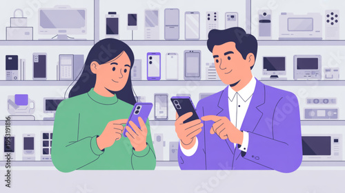 Couple comparing smartphones in electronics store with various devices on shelves