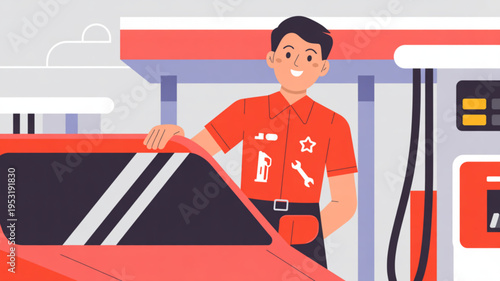 Mechanic standing beside red car at gas station smiling