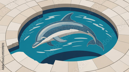 Dolphin swims in a mosaic pool surrounded by beige tiles creating a serene aquatic scene with a marine mammal