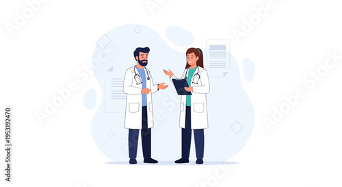 Two doctors in lab coats discussing medical information, modern flat illustration