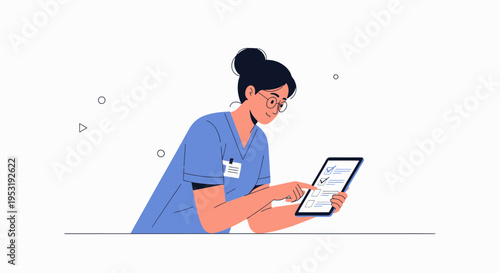 Nurse using tablet for checklist, medical technology, healthcare concept