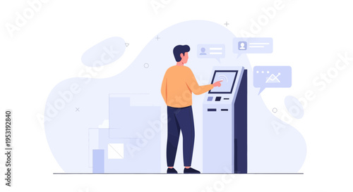 Man using interactive kiosk for information and communication, modern technology concept