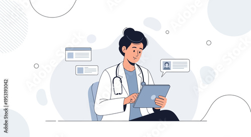 Doctor using tablet with patient data and medical records on screen, digital health concept