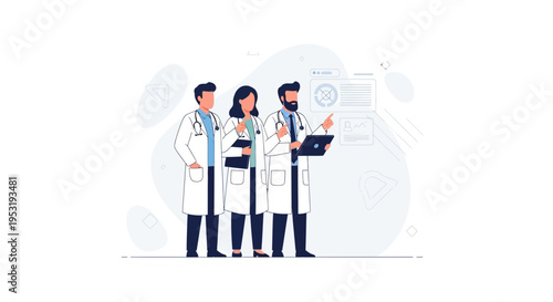 Diverse Medical Team: Doctors in Lab Coats Discussing Medical Data