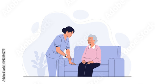 Nurse Caring for Elderly Woman on Sofa, Home Healthcare Assistance