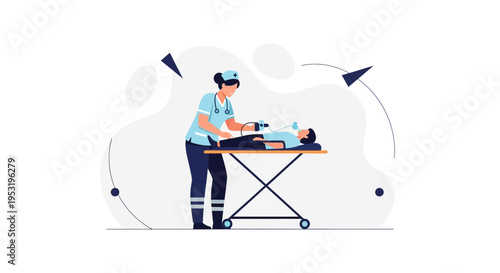 Nurse performing CPR on patient on stretcher, medical emergency, resuscitation concept
