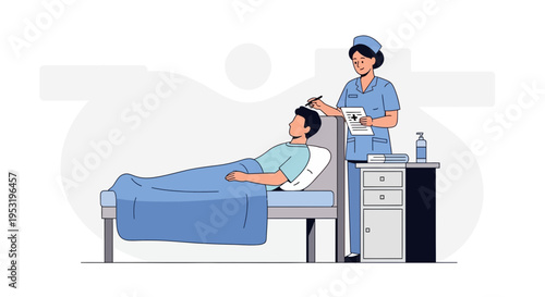 Nurse Checks Patient's Health Record Beside Hospital Bed in Modern Clinic