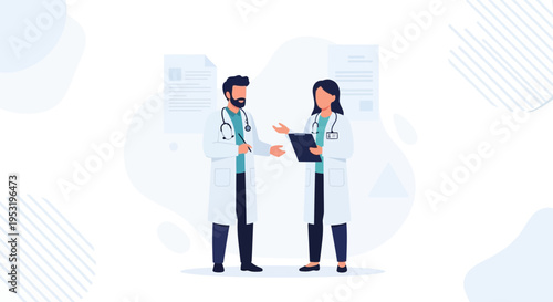 Two doctors in white coats discussing medical information with charts in background