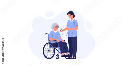 Nurse checks elderly woman's blood pressure in wheelchair, healthcare concept illustration