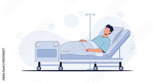Patient Lying in Hospital Bed with IV Drip - Medical Illustration