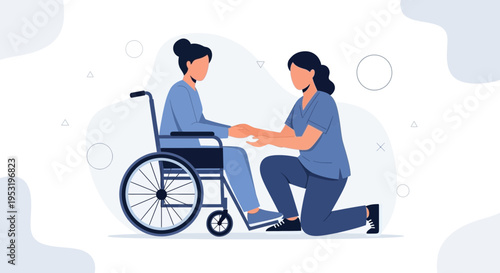 Nurse holding patient's hand in wheelchair, care and support concept