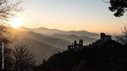 Silhouette of ancient ruins on mountain peak at sunset with bare trees and distant mountains