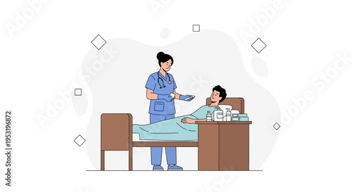 Nurse caring for patient in hospital bed with medications on bedside table