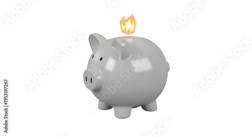 grey Piggy Bank with Coin and Flame Symbolizing Savings Crisis
