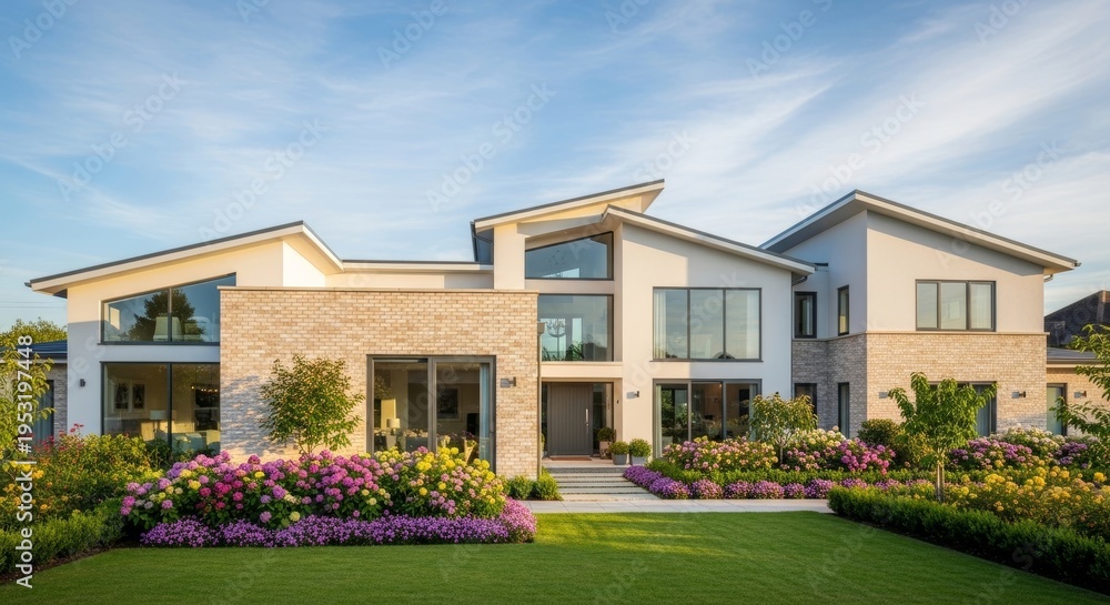 Fototapeta premium Modern Luxury Residence With Lush Landscaping Under Clear Blue Sky