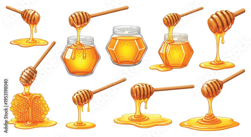 Honey Dripping Dipper and Jar Set, Golden Sweet Nectar Vector Illustration Collection Isolated