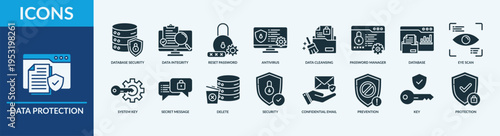 Data Protection - Icon Collection. Thin Glyph Solid Set contains such Icons as reset password, antivirus, protection and more. Simple web icons set