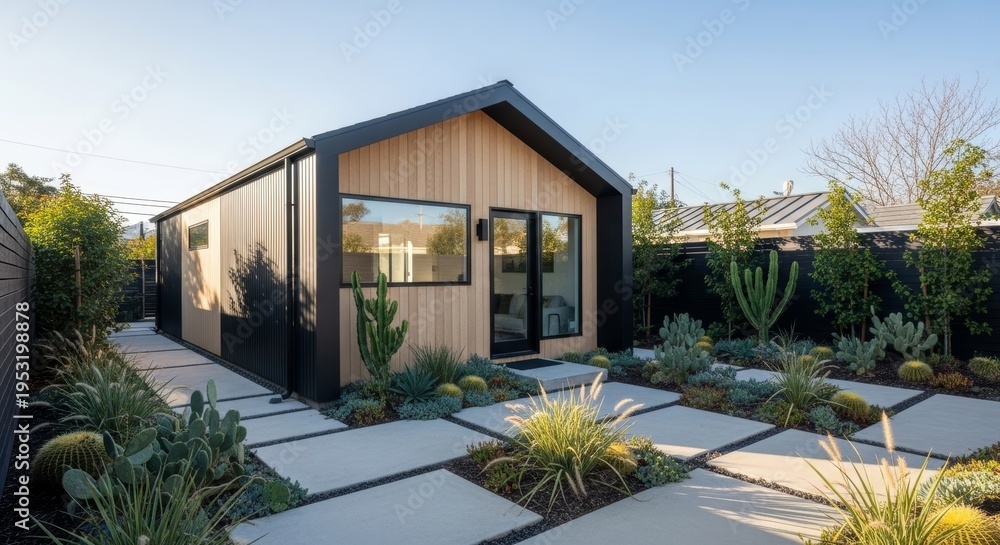 Fototapeta premium Modern Tiny Home With Wood Siding And Black Trim Under Clear Blue Sky