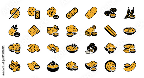 Indonesian Fried Snacks Line Art Icon Set, Gorengan Vector Illustration with Tempeh, Tofu, Bakwan, and Banana Fritters in Two Tone Style
