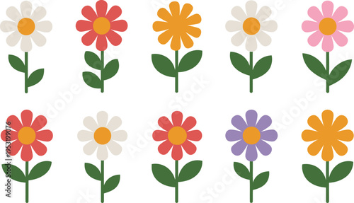 Set of 10 Colorful Flat Design Daisy Flowers Vector Illustration with Green Stems and Leaves, Ideal for Spring, Summer, and Nature-Themed Projects