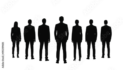 Seven diverse business people standing in a straight line with one central figure appearing slightly taller.