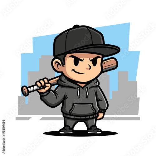 Cartoon Kid Holding Baseball Bat Ready for Action.