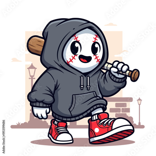 Cute Baseball Character Wearing Hoodie and Holding Bat.