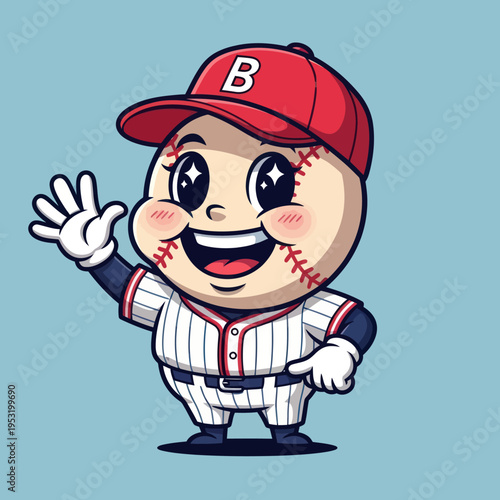 Cute Baseball Character Waving Hello in Sports Uniform.