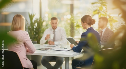 Business colleagues collaborating during a corporate meeting in a modern eco friendly office with natural sunlight and plants