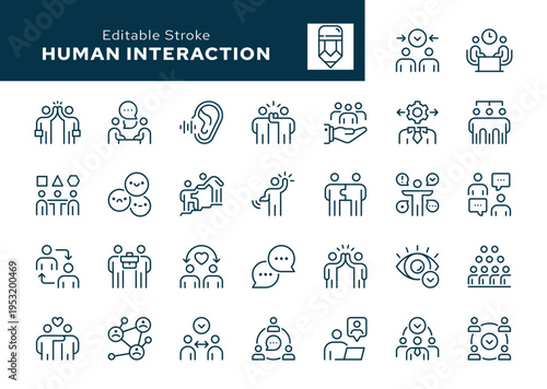 Human interaction. Set of outline icons. Communication, connection, friends, socializing, chat, mutual assistance, relationships, understanding, people . Line icon in linear style. Vector collection