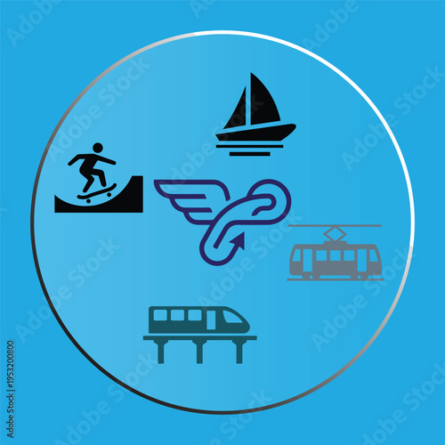 Set of modern transport and recreation icons including monorail, tram, sailboat, skateboarder, and winged abstract symbol.