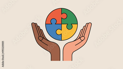 Diverse Hands Holding a Colorful Four-Piece Jigsaw Puzzle Sphere Vector Illustration for Teamwork, Unity, and Problem Solving Concepts