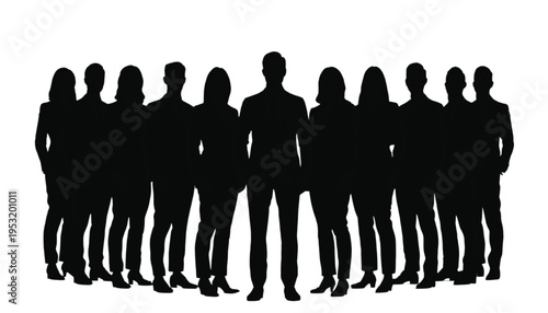 A large group of business professionals stands together in a unified silhouette formation against a white.