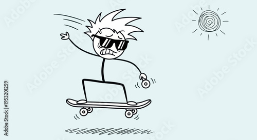 Cartoon Skateboarder Riding with Sunglasses.