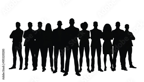 A diverse group of eleven business professionals stands together with arms crossed against a white.