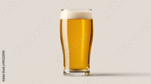 A clean and simple beer glass filled with a refreshing pale lager, its bright color standing out against the transparent glass, set against a smooth white background