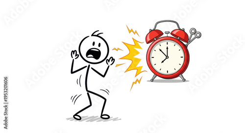 Man reacting to alarm clock ringing loudly.