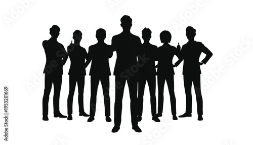 A diverse group of eight business leaders stands together confidently facing forward in black silhouette.
