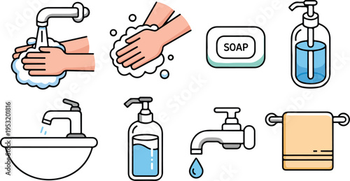 Collection of hand hygiene steps including washing, sanitizing, and cleaning hands with related health items clean line art vector set