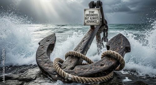 Anchor holding firm in stormy sea waves with motivational message