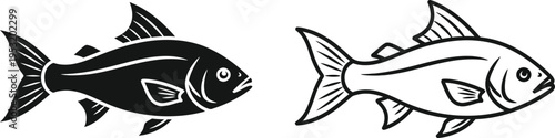 Fish Icon Set Black and White Vector Illustration Vector