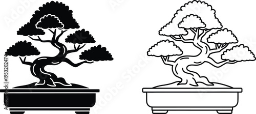 Bonsai Tree Silhouette and Outline Icon Set Vector