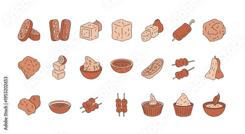 Indonesian Traditional Fried Snacks and Street Food Icon Set. Flat Line Art Vector Illustration of Gorengan, Tempeh, Tofu, Satay, and Sambal Sauce.