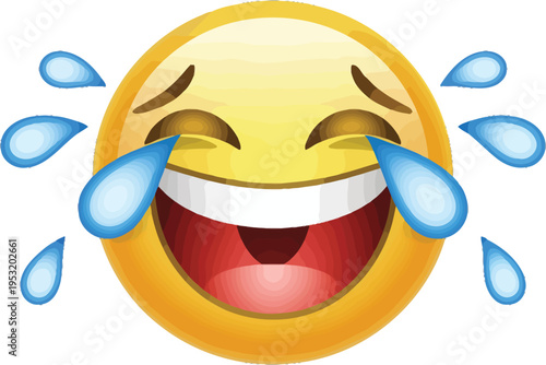 Joyful Yellow Crying Laughing Emoji Vector Illustration with Tears of Happiness and Wide Open Mouth, Expressing Hilarity and Amusement