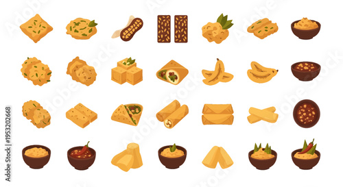Indonesian Fried Snacks Icon Set, Traditional Street Food Gorengan such as Tempe Mendoan, Bakwan, Tahu Isi, and Lumpia with Sambal Sauce, Flat Vector Illustration