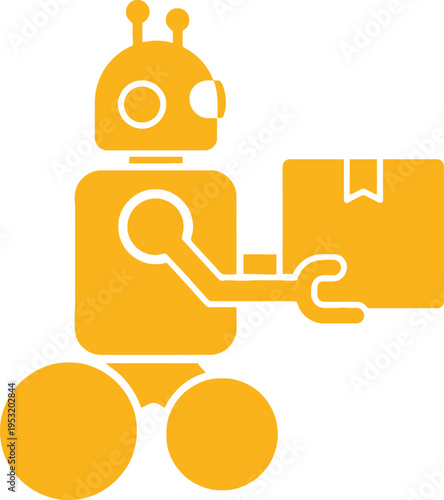 Yellow robot carrying cardboard box for delivery or logistics service on transparent background